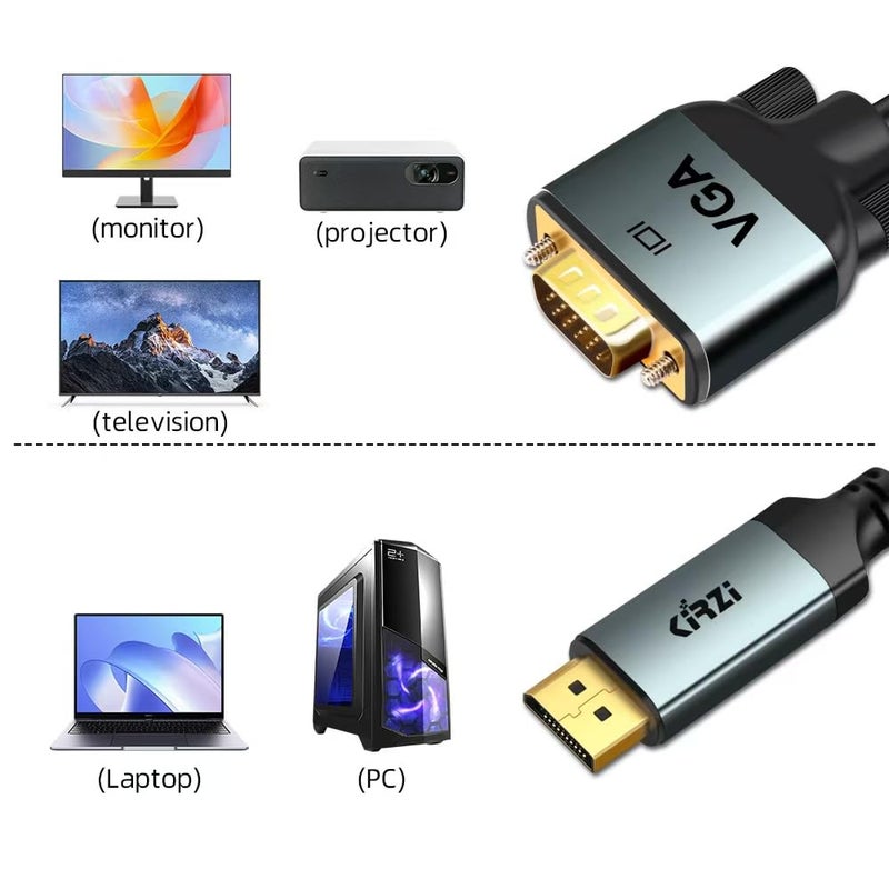 Kirzi كابل DisplayPort إلى VGA بطول 15 قدم، محول 1080P@60Hz، DP ذكر إلى VGA ذكر لشاشة الكمبيوتر المحمول - Image 3
